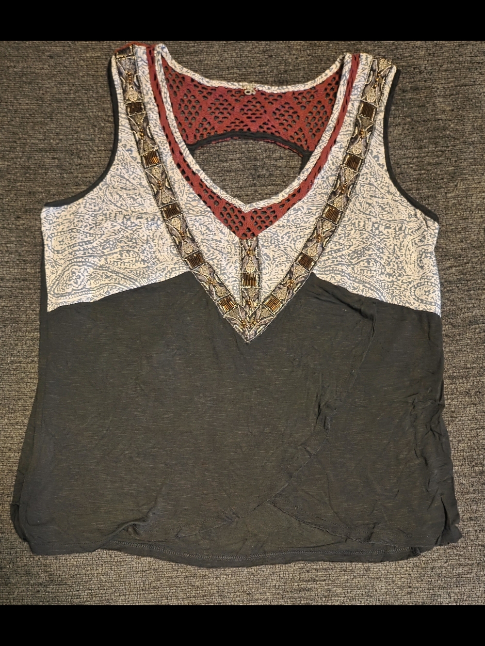Boho Embellished V-Neck Tank Top - Black & Cream with Red Crochet.